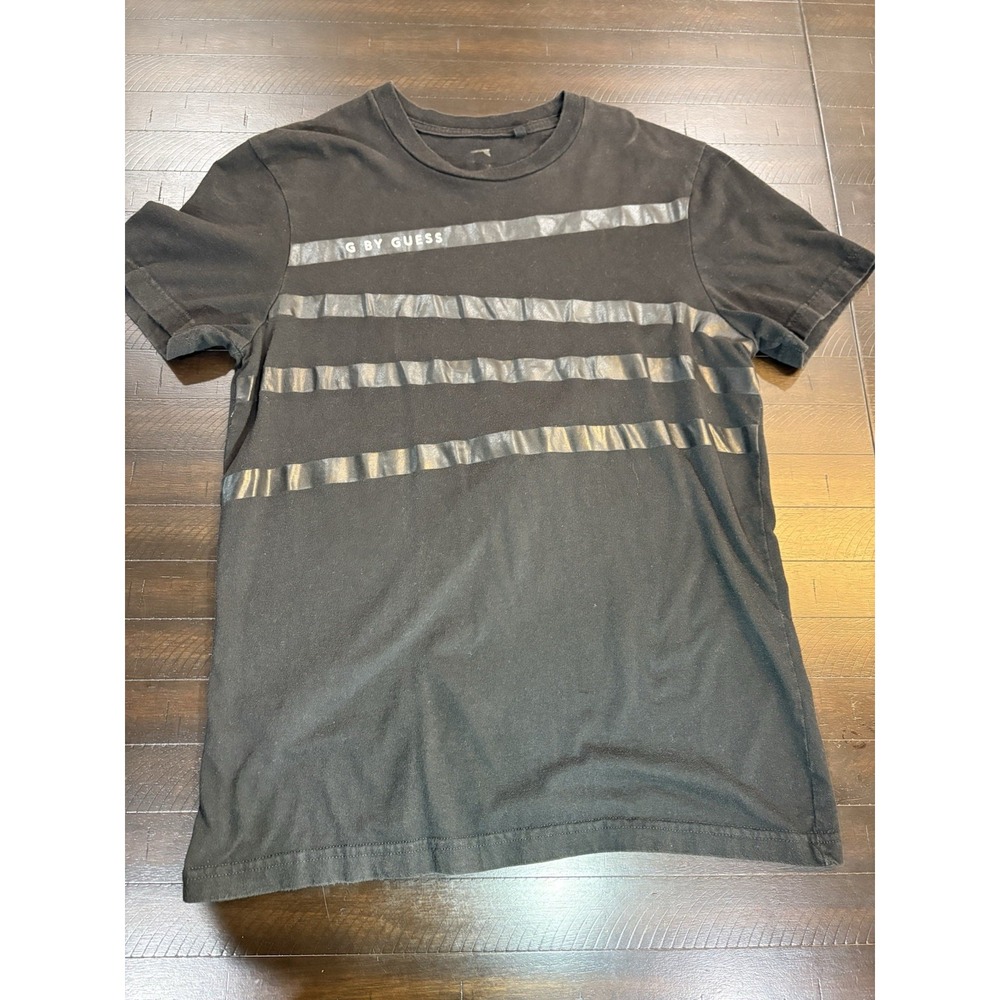 G by GUESS Mens Black Striped Logo Crew Neck Short Sleeve T-Shirt Size M